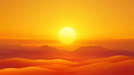 Brilliant yellow sun dominates the fiery orange desert landscape featuring layered mountain silhouettes during a dramatic golden hour setting