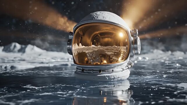 Astronaut helmet on icy moon surface with golden light rays in background, reflective visor showing lunar landscape, space exploration, cosmic, ethereal atmosphere, detailed texture