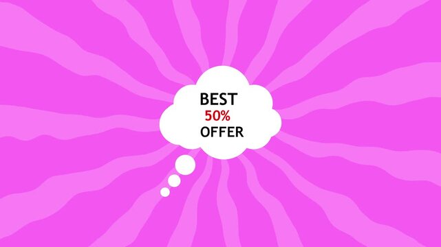 Pink abstract radial burst background with white thought bubble containing text: &ldquo;best 50% offer&rdquo;. promotional discount banner design with copy space.