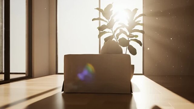 Bright Sunlight Streams Through Large Windows Illuminating a Comfortable Armchair and Lush Fiddle Leaf Fig Plant in a Modern Living Room Space