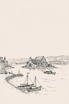 Hamar, Norway Pen Line Art Illustration of City Landmark and Travel Scene