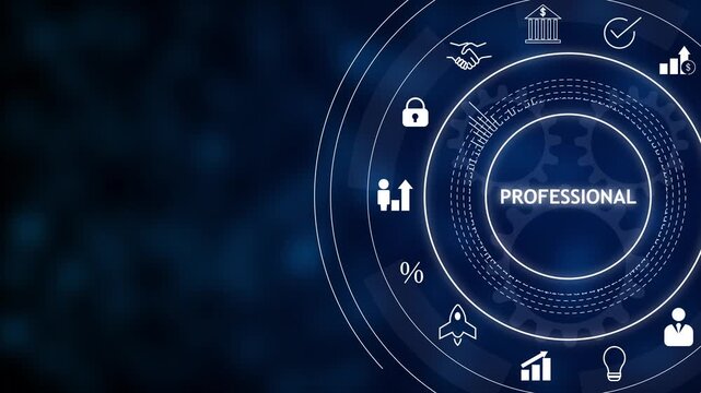 Futuristic blue digital interface with circular HUD, icons for finance, security, analytics, and innovation surrounding the word professional on a tech background.