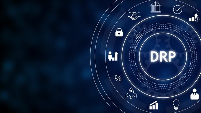 Digital illustration of disaster recovery plan concept with DRP text in circular HUD interface and icons for security, finance, analytics, cloud, and compliance on dark blue background.
