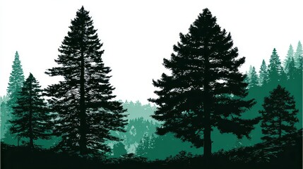 Silhouette of Evergreen Trees in a Forest Landscape against a White Background with Lush Green Underbrush