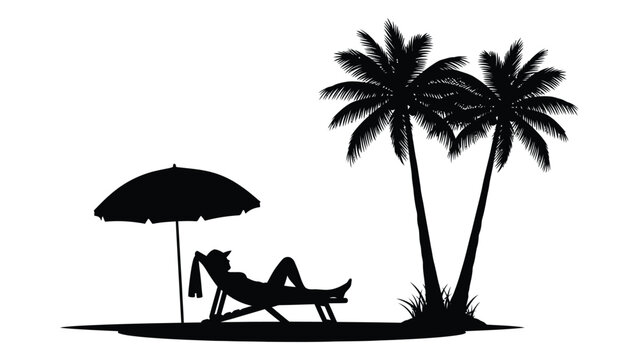 Silhouette of a person relaxing on a beach under an umbrella with palm trees. Vector