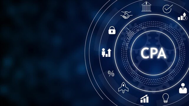 Digital finance and accounting concept with glowing cpa text in circular hud interface, surrounded by business icons on dark blue background with copy space.