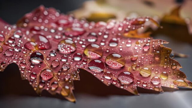 Close up macro shot of a vibrant red leaf covered in numerous clear water droplets on a textured gray surface with soft bokeh background light
