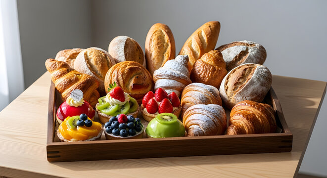 Assorted fresh bakery bread and pastries on wooden tray with natural light