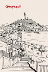 Guayaquil, Ecuador Pen Line Art Illustration of City Landmark and Travel Scene