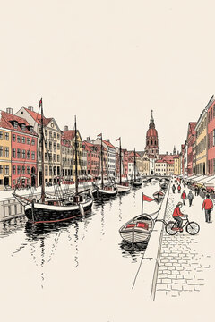 Copenhagen, Denmark Pen Line Art Illustration of City Landmark and Travel Scene