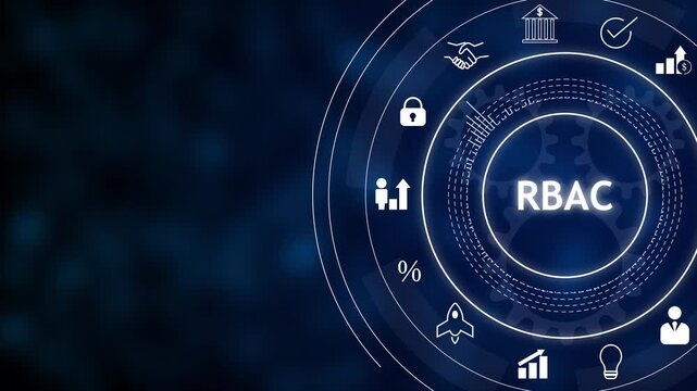 Futuristic digital interface showing rbac text in circular hud with cybersecurity and business icons on dark blue background, concept of role-based access control and data security.