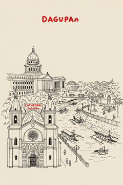 Dagupan City, Philippines Pen Line Art Illustration of City Landmark and Travel Scene