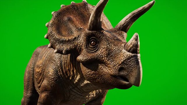 A close-up shot of video dinosaurs against a green screen background
