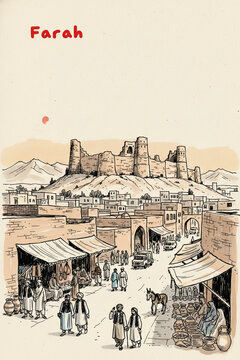 Farāh, Afghanistan Pen Line Art Illustration of City Landmark and Travel Scene