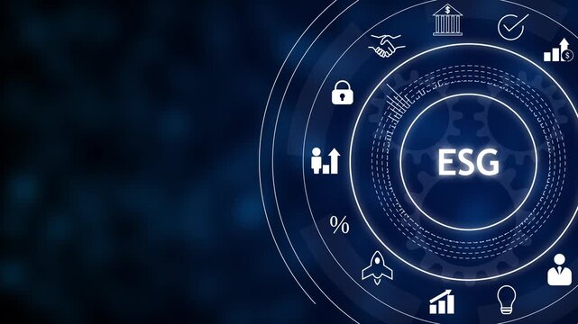 Futuristic blue digital interface highlighting esg text with circular hud rings and finance, compliance, security, and sustainability icons around a globe concept background.