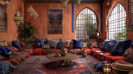 Obraz premium Authentic Moroccan Majlis with Red Seating and Intricate Lanterns