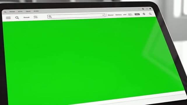 A digital tablet with a bright green screen rests on a white surface, angled up