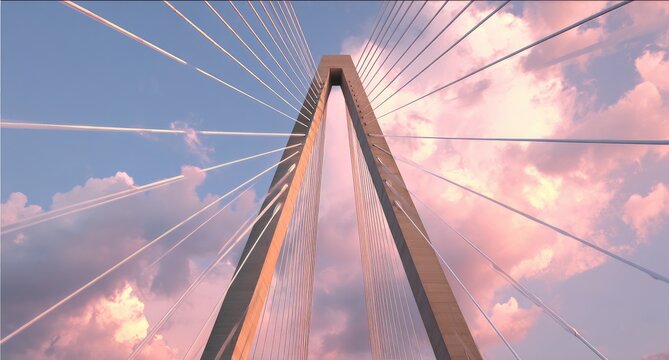 Cable-stayed bridge, sunrise/sunset, dramatic clouds, structural engineering