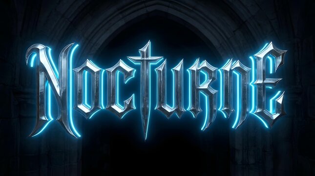 The word 'Nocturne' rendered in a metallic gothic font with a vibrant blue neon glow against a dark arched stone background.