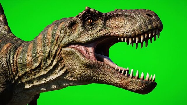 A close-up shot of a video dinosaurs model, a T-Rex, with sharp teeth and a fierce expression on a green background.