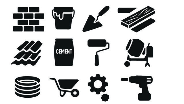 Construction icons set including tools and building materials vector