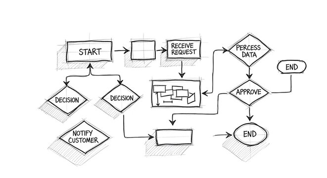Decision tree flowchart sketch showing request processing data analysis and approval paths for operational management