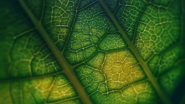 Chlorophyll Close-Up. Photosynthesis & Energy from Sunlight. Science & Education. A detailed macro view of leaf cells glowing with energy, set in a stylized scientific environment

