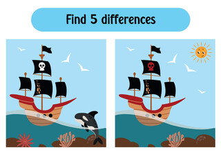 Find Differences Pirate Ship Game. Educational games for children	