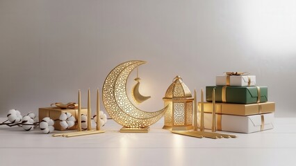 An elegant and festive minimalist Islamic decorative display features an intricately carved golden metal crescent moon with a smaller dangling moon ornament, alongside a glowing traditional Arabian