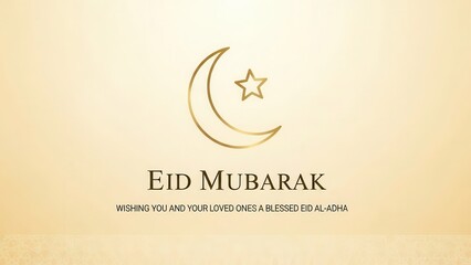 Fototapeta premium An elegant and serene minimalist golden graphic design, featuring a graceful crescent moon and star emblem alongside the prominent 'Eid Mubarak' greeting and a heartfelt wish for a blessed Eid