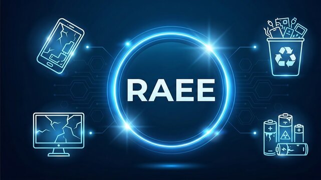 RAEE Electronic waste recycling concept translated to spanish with icons of e-waste, phones and equipment new