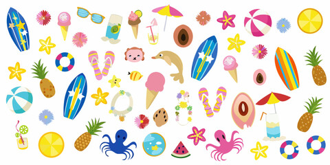 Colorful summer icons and beach themed illustrations on a white background © Subarna