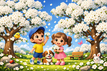 Cute Cartoon Children Playing with Dog in Spring Park under Blooming White Cherry Blossom Trees