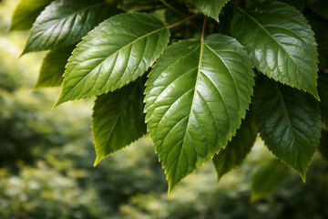 Macro Photography of Vibrant Green Leaves with Detailed Veins and Serrated Edges in Soft Sunlight