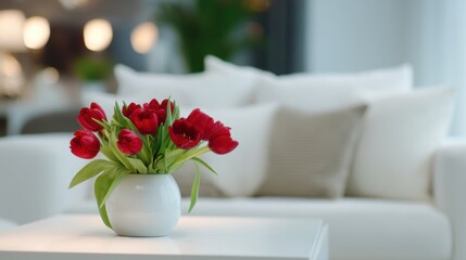 Fototapeta premium Bright Red Tulips in a Modern Living Space with White Sofa and Cozy Atmosphere for Home Decor Inspiration and Floral Arrangement Ideas