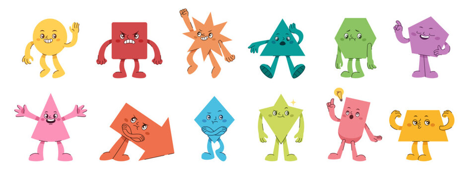 Geometric shapes with cute cartoon faces and funny emotions. Abstract character set of circle, triangle and square figures for kids education. Hexagon, pentagon and trapezoid with hands and legs.