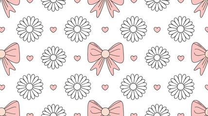 Cute daisy and bow seamless pattern vector illustration with small hearts repeating background design