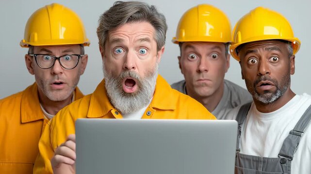 Group of four male construction workers in yellow hard hats and orange jackets react with surprise while looking at a laptop screen in a neutral background setting