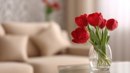 Fototapeta premium Elegant Red Tulips in Glass Vase on Table with Soft Beige Background and Cozy Living Room Setup