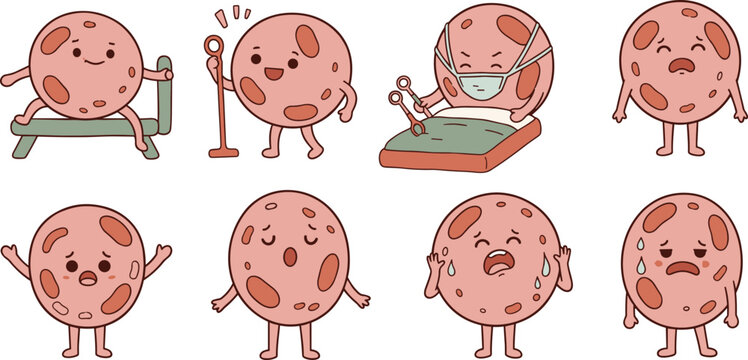 A charming collection of animated character concepts illustrating a broad spectrum of emotions and relatable situations, perfect for graphic design and engaging visual storytelling