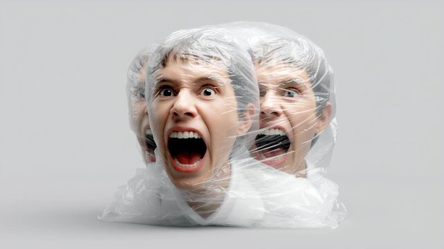 Three heads of a woman wrapped in plastic film, expressing intense emotions with open mouths, showcasing a surreal visual effect in a minimalist gray background setting