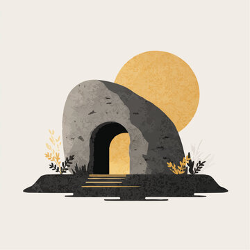 Empty tomb of Jesus at sunrise, minimalist vector illustration. Open cave with light symbolizing the resurrection on Easter morning.