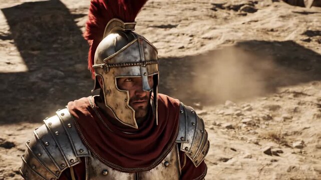Ancient Roman soldier standing in armor on a rocky desert landscape