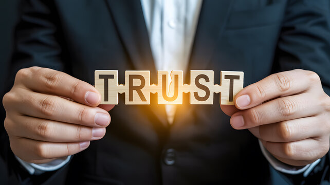 A businessman in a suit holding wooden blocks with the word trust