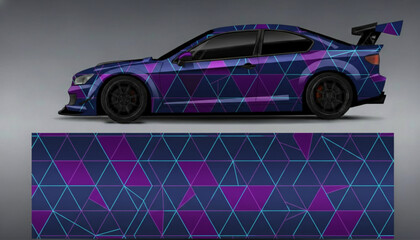 A car with a vibrant geometric triangle pattern wrap in purple and blue. © DB stock