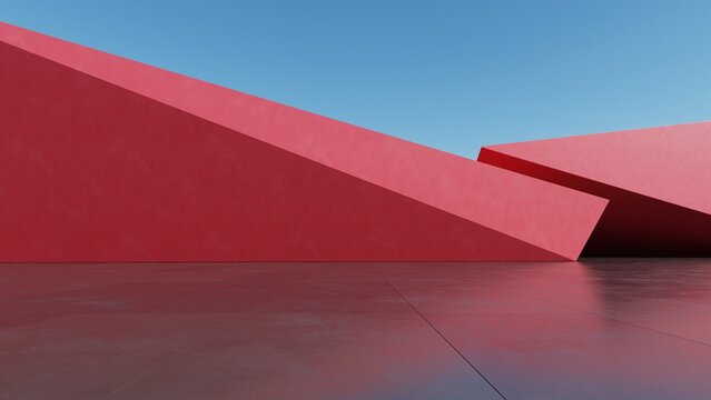 Abstract architecture background, Red Concrete Wall  on empty concrete floor, Scene for car presentation, Modern Exterior, 3D rendering