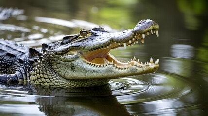 Fototapeta premium A large crocodile with its mouth open is swimming in murky water with greenery in the background.