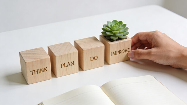 Hand arranging wooden cube block stacking as step for pdca cycle business concept with notebook on table