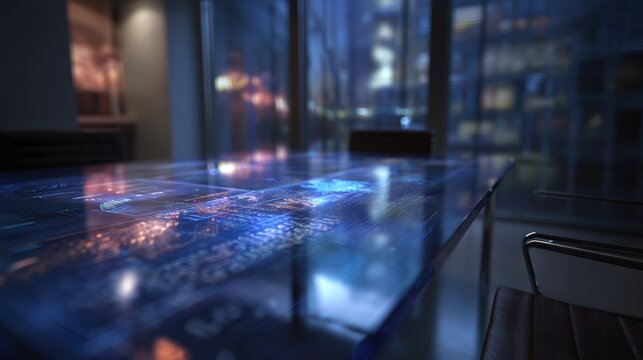 A futuristic conference room with a high-tech, illuminated table displaying digital graphics, innovation and collaboration, AI binary code 1 0 wall background