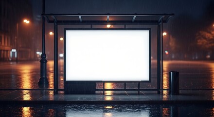 Empty billboard at a bus stop at night with reflections on wet pavement.